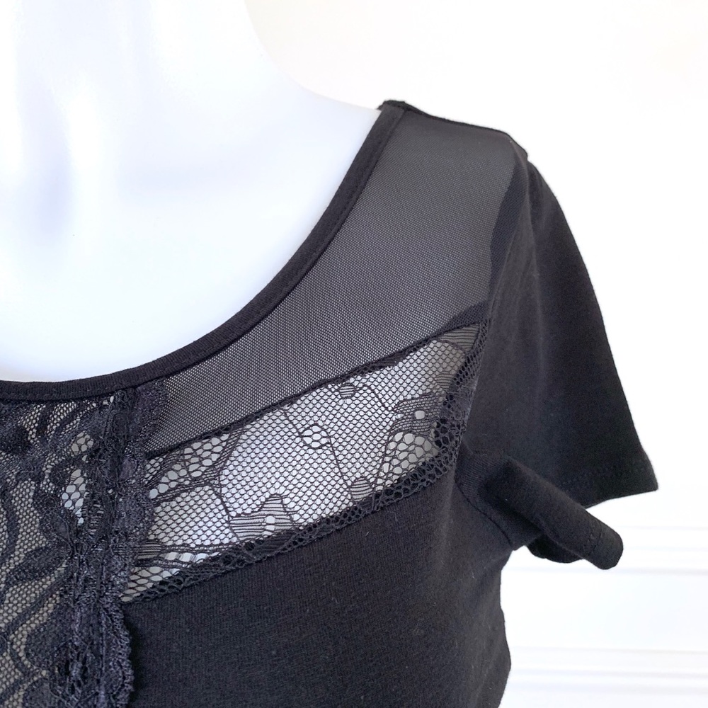 NWOT Black Sheer Lace Mesh Cutout Fitted Tee Shirt - Picture 4 of 9